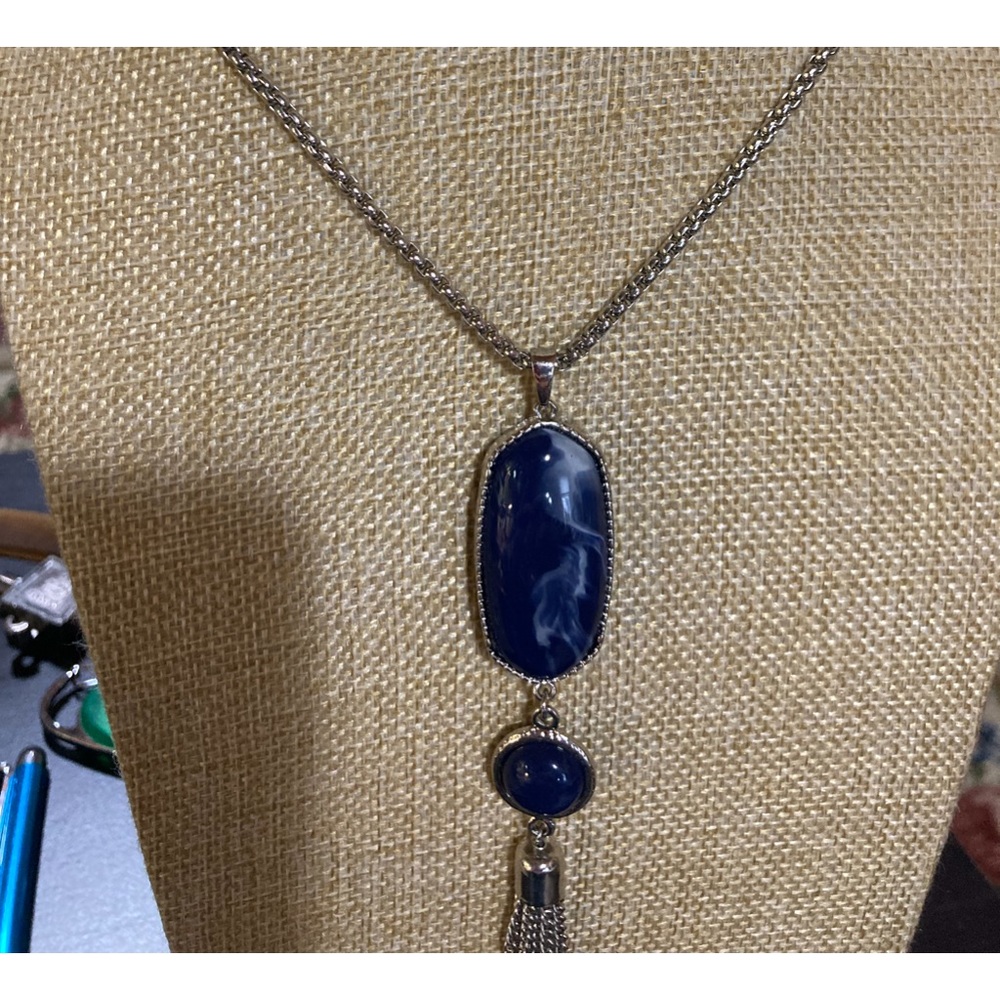 Blue Marbled Art glass stone bezelset tassell pendant and pierced earrings